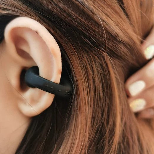 Auriculares de conducción ósea impermeables con clip y cubierta segura para el tímpano – Comodidad y sonido sin bloquear el oído. ✅